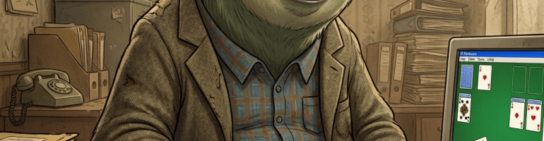 Drowsy sloth signing paperwork at a cluttered office desk