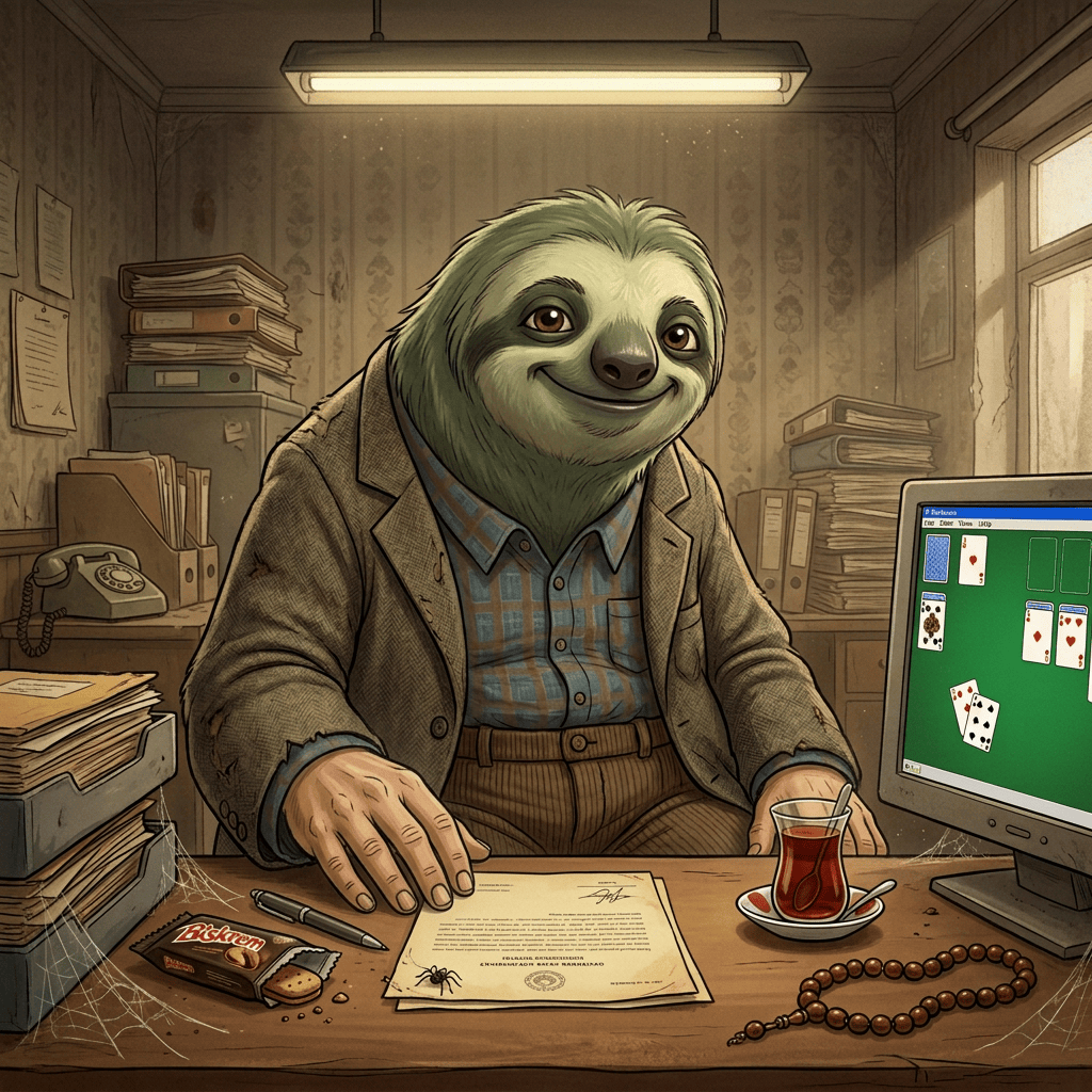 Geçerli görsel: Drowsy sloth signing paperwork at a cluttered office desk